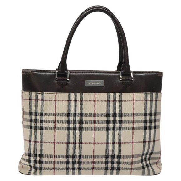 BURBERRY Nova Check Hand Bag Nylon Beige Dark Brown Silver Auth - Picture 3 of 16